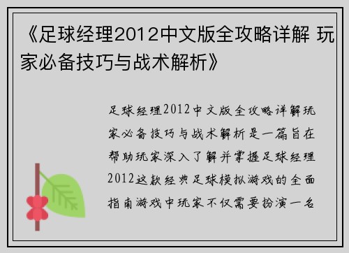 《足球经理2012中文版全攻略详解 玩家必备技巧与战术解析》